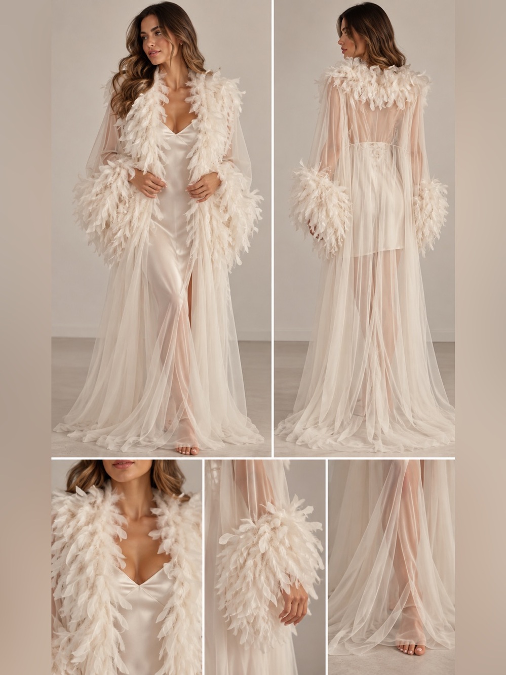 Sheer White Feather Trim Lace Open Front Robe L Large